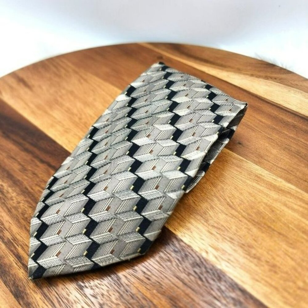 Roberto Villini Collezione Neck Tie Brown Black Tan 100% Silk Handmade 80s Vibes